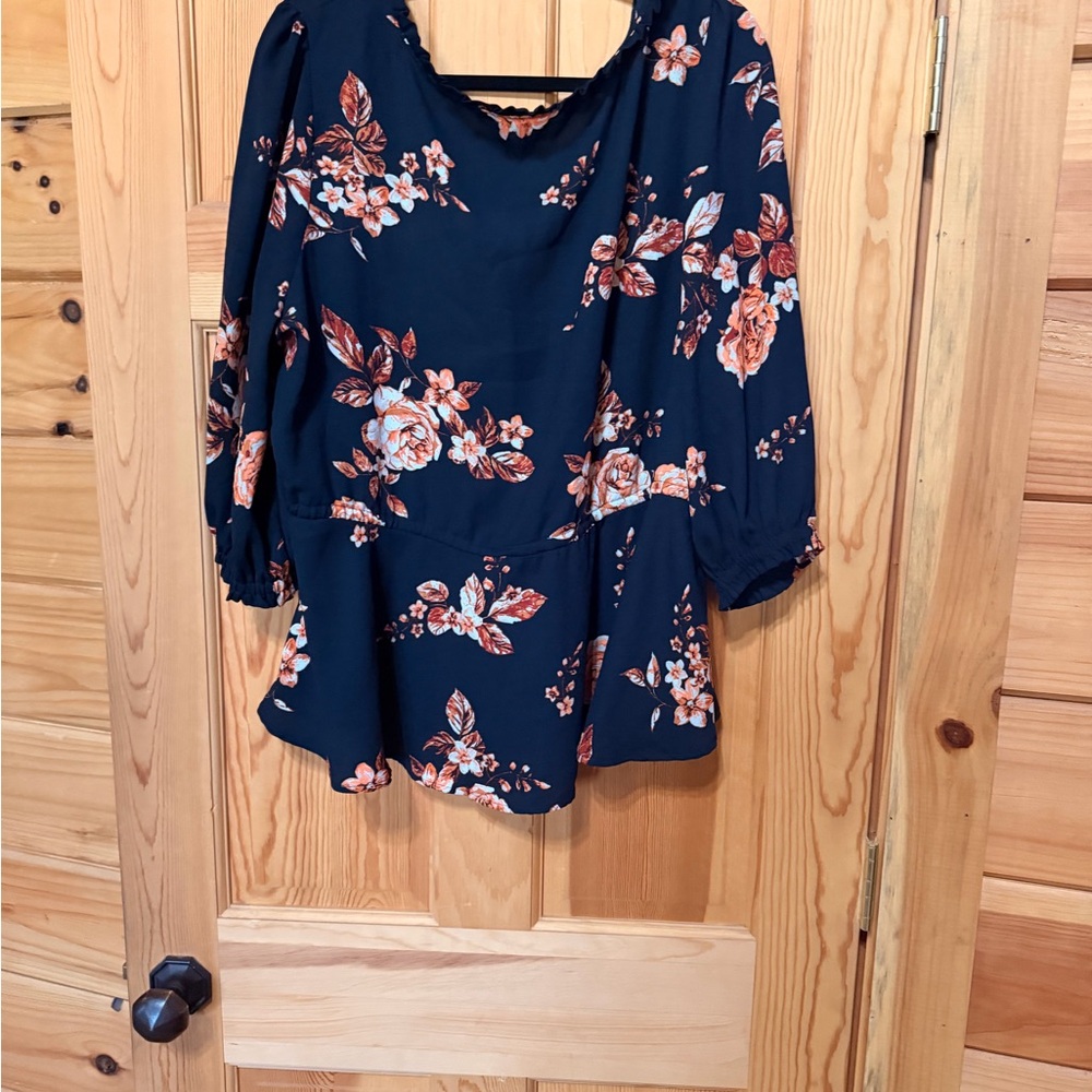 Maurices Navy Floral Tie-Front Peasant Blouse - Picture 2 of 3